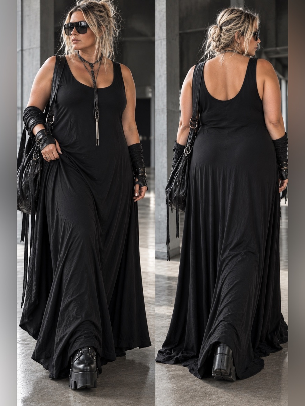 Vintage 100% Silk Black Maxi Dress Sleeveless Bias Cut Minimalist Goth L